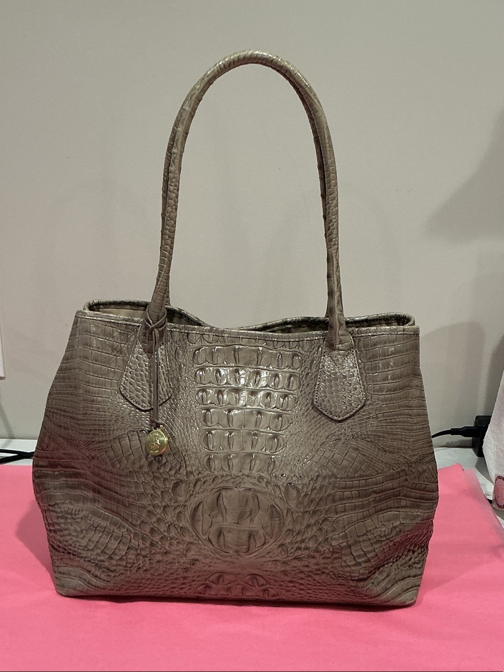 Brahmin Croc-Embossed Taupe Tote Handbag, EUC
